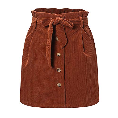 Susupeng Women Paperbag High Waist Elastic Belted Corduroy Button Front with Pockets Short Mini Skirt