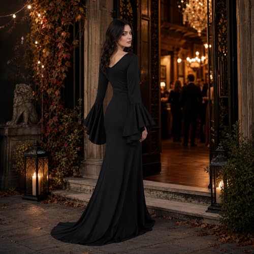 JEGERMIG Black Gothic Maxi Dress, V-Neck Flared Sleeves Halloween Costume