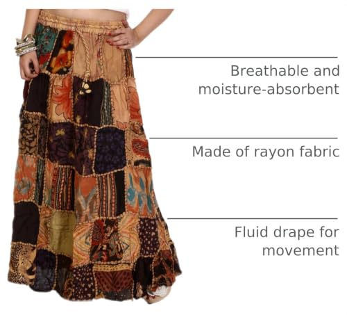 Exotic India Long Printed Dori Skirt from Gujarat with Patch Work - Rayon