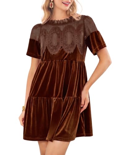 Wenrine Womens Velvet Dress Fall Lace Short Sleeve Babydoll Mini Dresses Main image