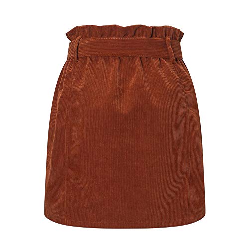 Susupeng Women Paperbag High Waist Elastic Belted Corduroy Button Front with Pockets Short Mini Skirt