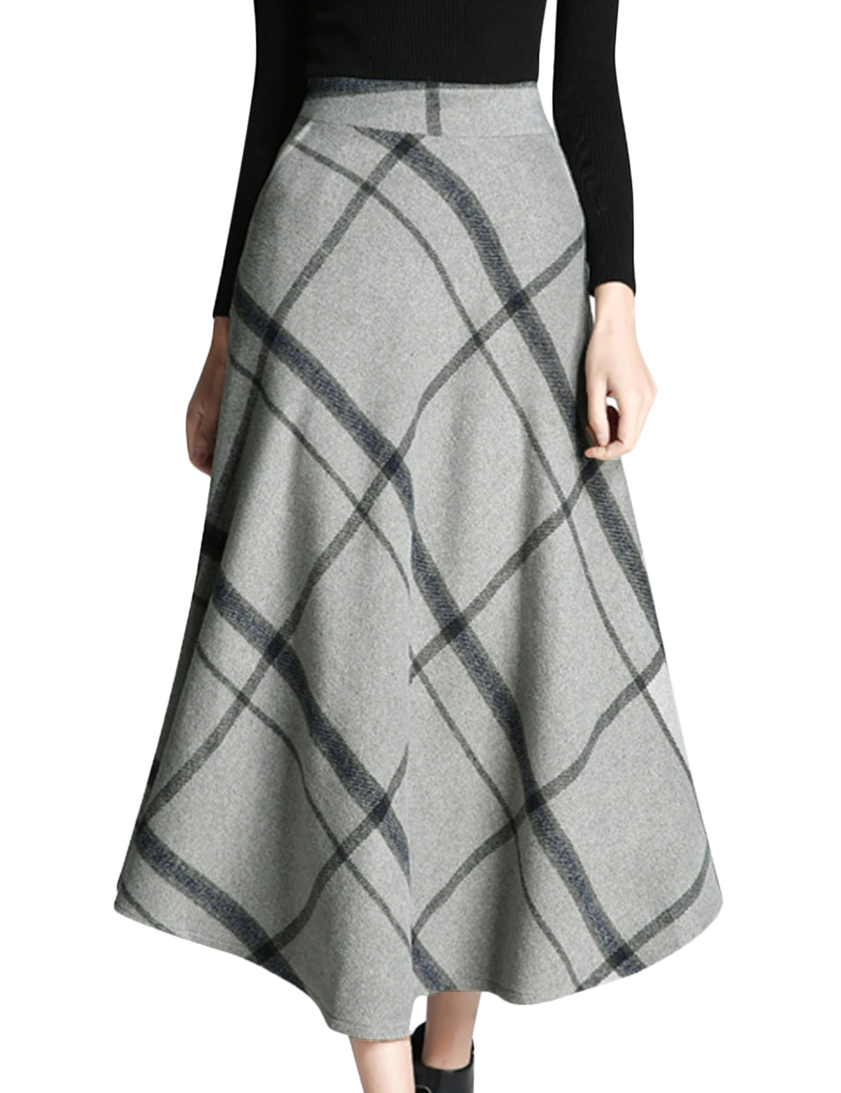 Tanming Womens Plaid Skirt Wool A‑Line Pleated Long Skirt