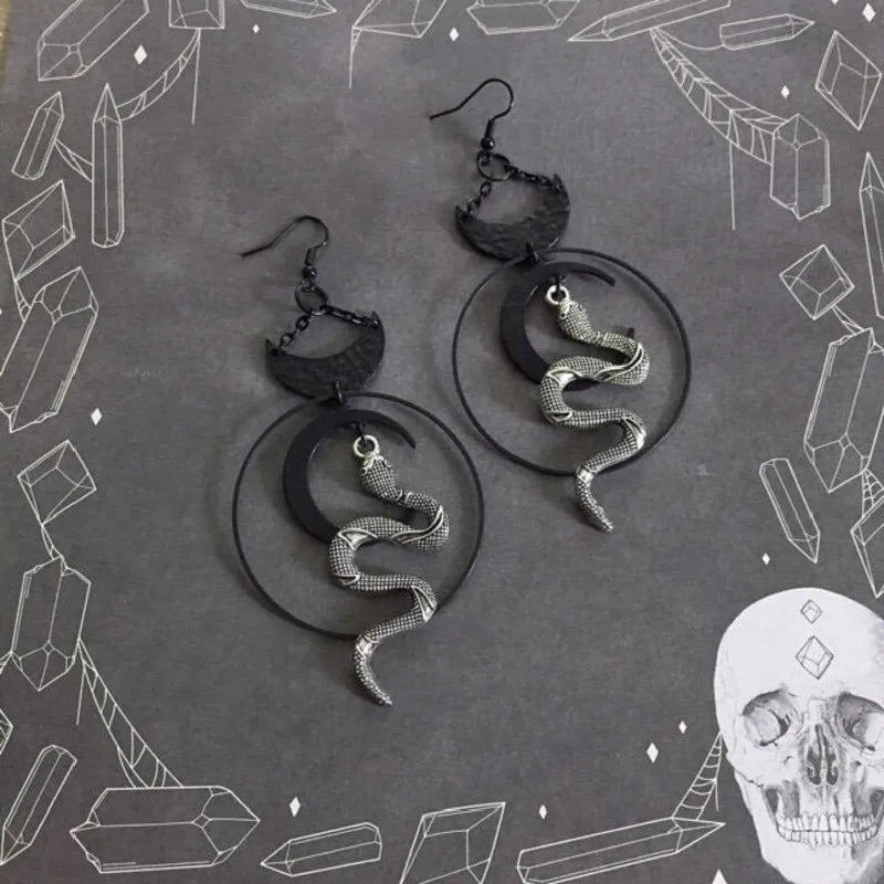 Gothic Snake Earrings - Serpent Moon Ritual Jewelry