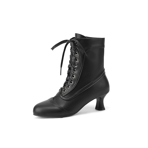 Women Victorian Lace Up Ankle Boots with Side Zipper Round Toe Kitten Heel Vintage Booties