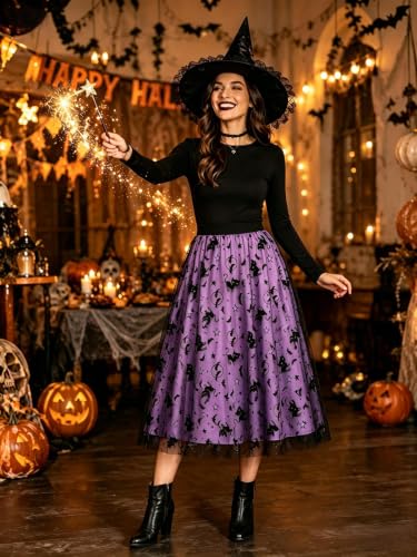 Women's Halloween Tulle Midi Skirt, Flocked Print Witch Costume Skirt