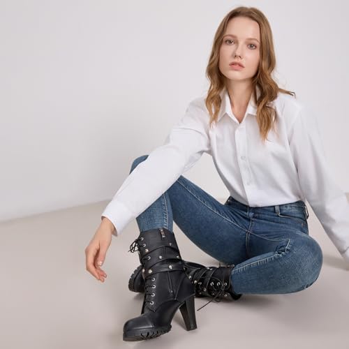 High Heel Boots for Women,Womens Platform Boot Heels Sexy Round Toe Lace UP High Heels Mid Calf Boots