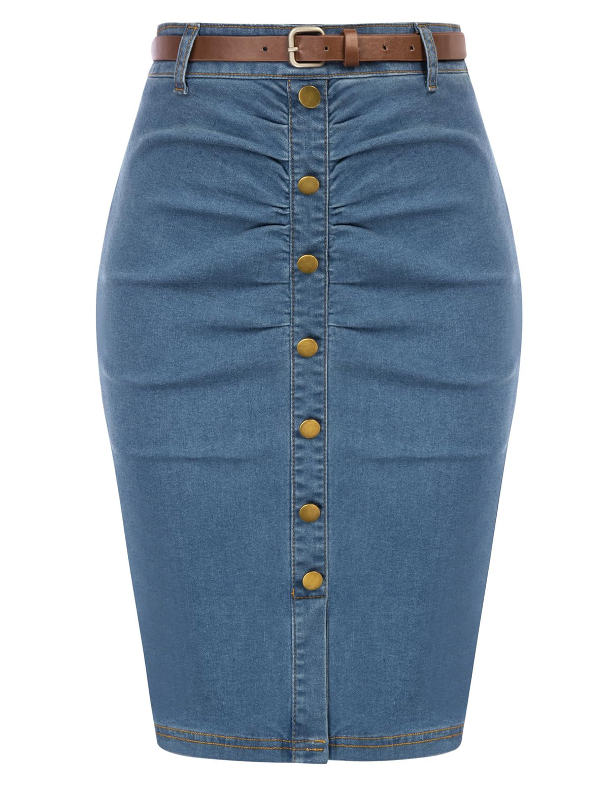 Belle Poque Denim Pencil Skirt for Women Ruched Bodycon Jeans Skirt with Belt High Waisted Pencil Skirts