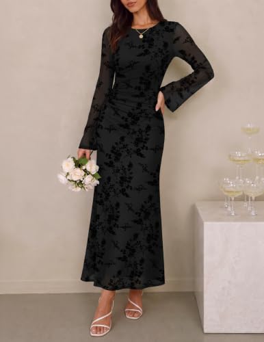 ZESICA Womens Long Sleeve Floral Fall Bodycon Ruched Mesh Maxi Formal Dress
