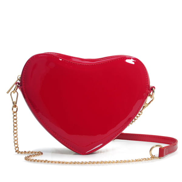 Heart-Shaped Glossy Vegan Leather Chain Crossbody Bag