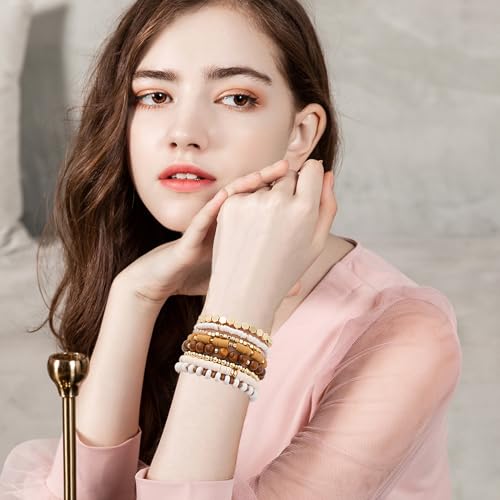 Surfer Heishi Clay Bead Bracelets for Women Bohemian Stackable Gold Plated Beaded Stretch Bracelets Elastic Layering Friendship Bracelets Set Boho Jewelry