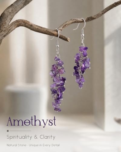 Natural Tumbled Stones Earrings for Women, Reiki Healing Crystal Long Dangle Hook Eardrop