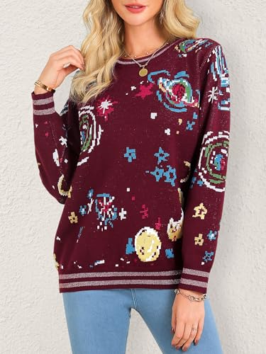 Women's Retro Space Galaxy Graphic Knit Sweaters Vintage Crewneck Pullover