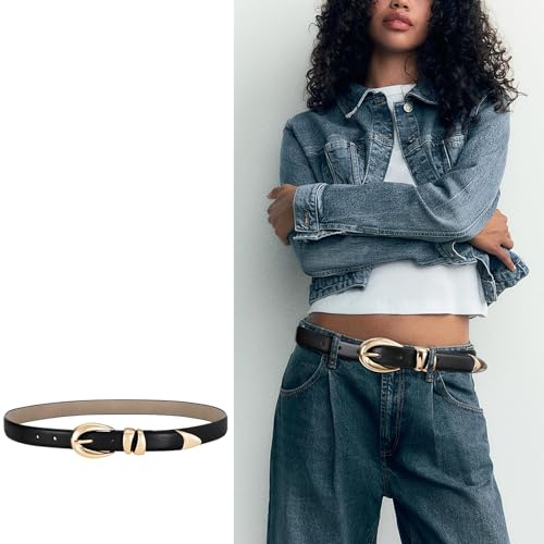 Belts For Women With Gold Buckle – Adjustable Black Leather Belt For
