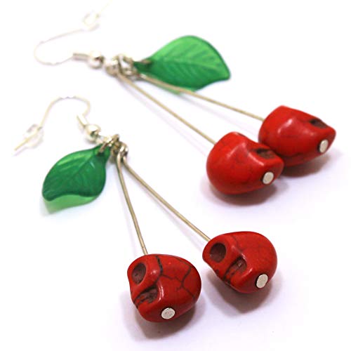 Handmade Gothic Red Skull Cherry Dangle Earrings 2.2 inches Medium Halloween Pinup Quirky Funky Earrings