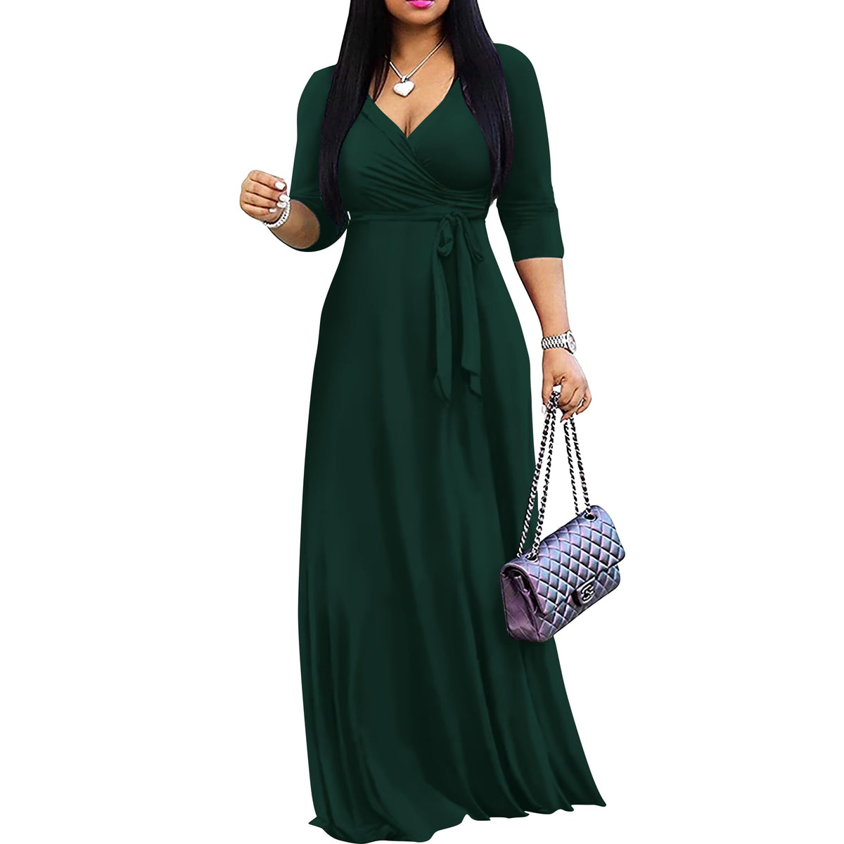 FANDEE Women's 2026 Maxi Dress - Solid Color Bohemian Summer Long Maxi Dress V-Neck 3/4 Sleeve
