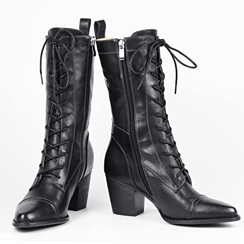 UTIKLIOU Women's Mid Calf Boots Lace up Combat Boots Leather Side Zipper Winter Boots Faux Fur Lining