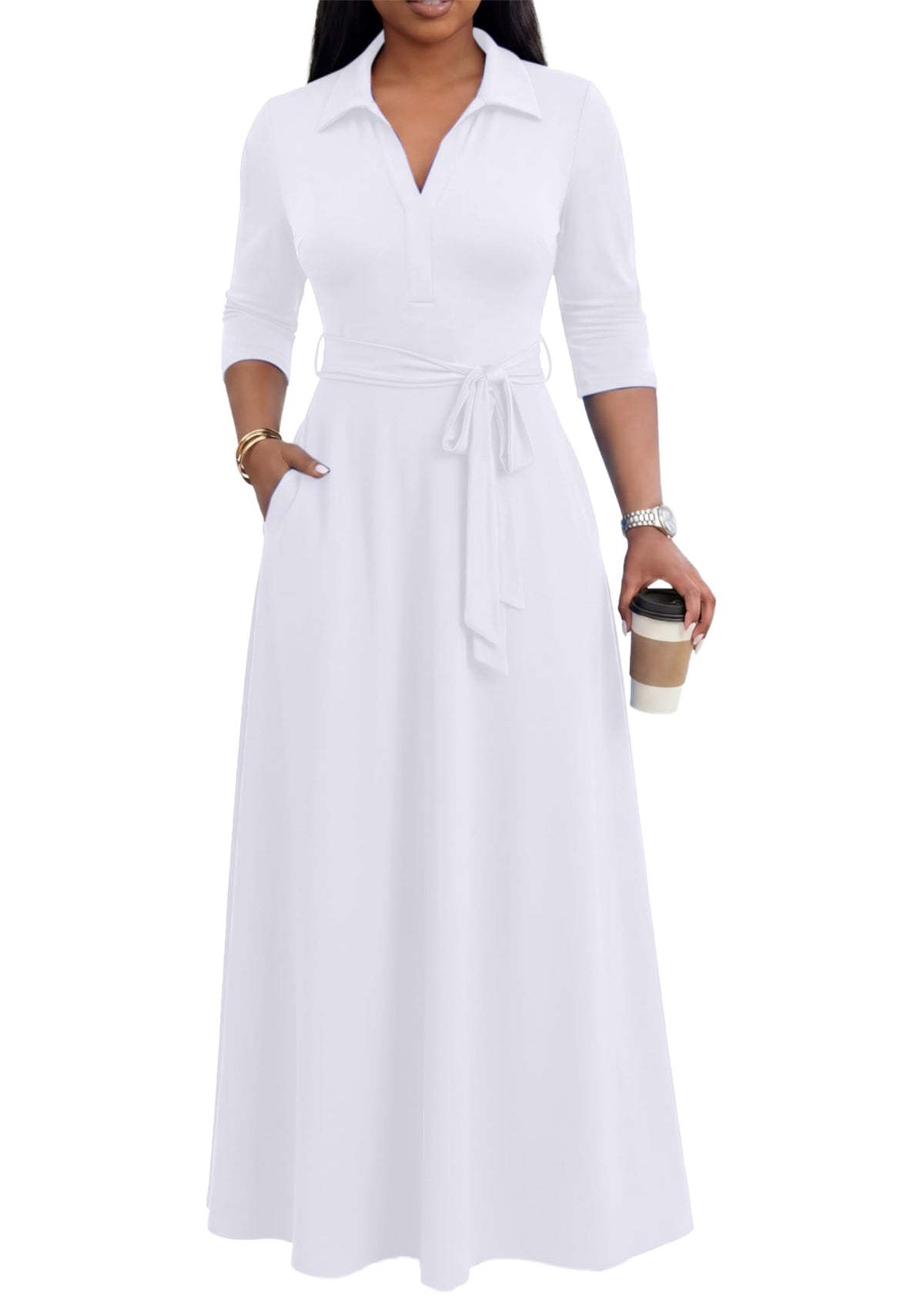 Maxi Dresses for Women Casual V Neck 3/4 Sleeve Long Church Dress Semi Formal Outfits with Pockets