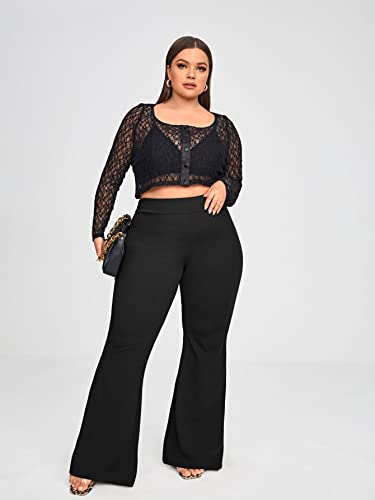Wdirara Women's Plus Size Elastic High Waist Flare Bell Bottom Ribbed