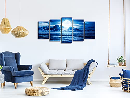 Blue Clouds 5-Piece Canvas Wall Art — Moon Sea Beach Landscape (Modern Art Deco)