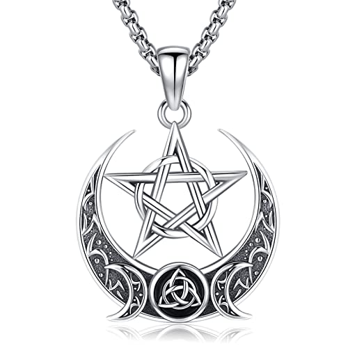Sterling Silver Pentagram Necklace Triple Moon Tetragrammaton