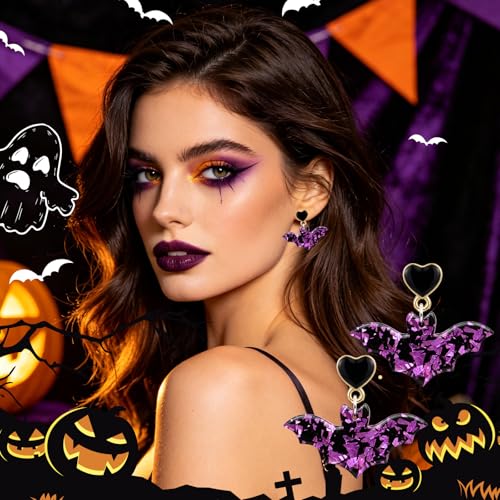 Halloween Bat Earrings for Women, Halloween Gothic Purple Bat Earrings