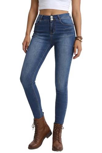 Women's Skinny Jeans High Waisted Stretch Blue Wash, Double Button Main image
