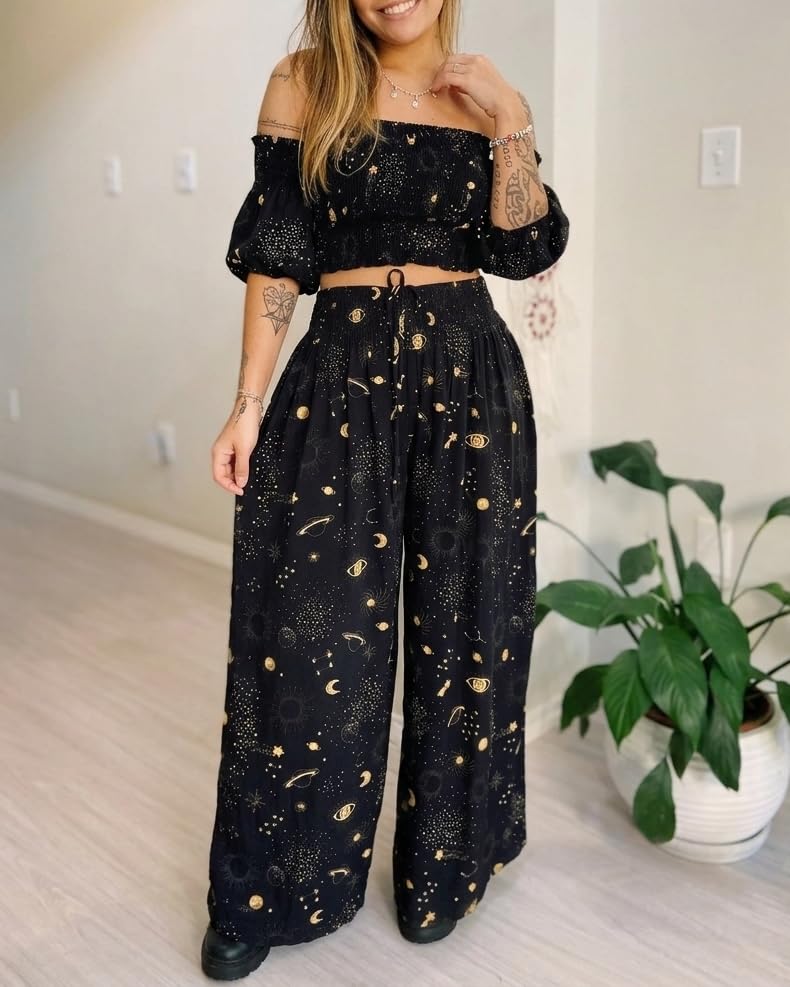 Womens Celestial Clothing Witchy Whimsigoth Outfits Cotton Co-ord Lounge Set Summer Vacation Travel Clothes