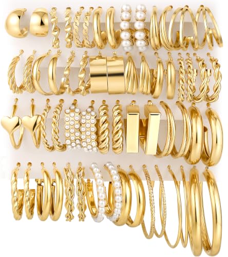 30 Pairs Gold Hoop Earrings Set for Women, Hypoallergenic Pearl Twisted Statement Hoops Multipack, Small to Chunky Hoop Earrings for Women Trendy