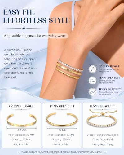 14K Gold Bracelets for Women Trendy Bangle Cuff Tennis Bracelets Set