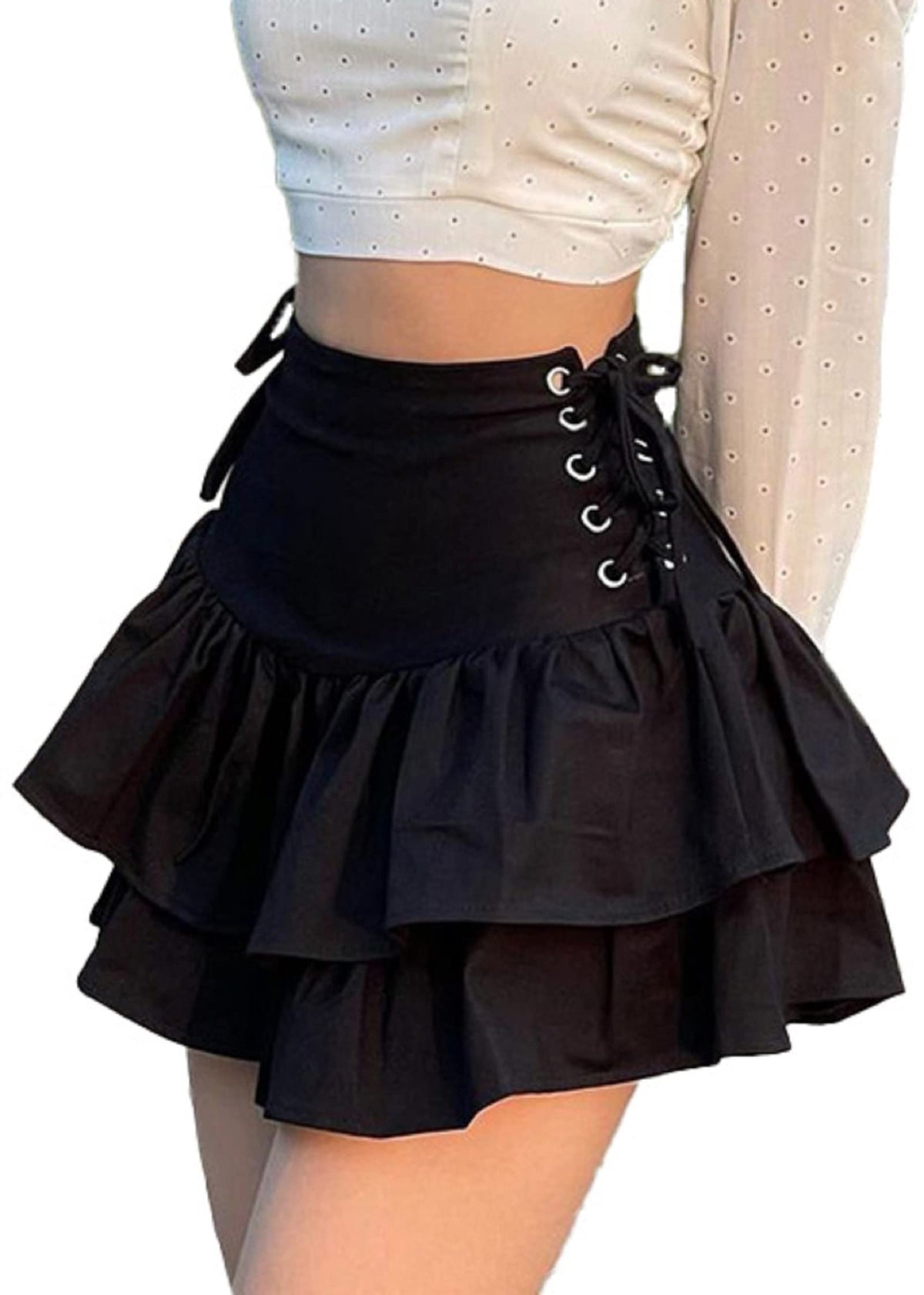 Womens Gothic Skirt Layered Ruffles Mini Emo Y2k Skirt Set
