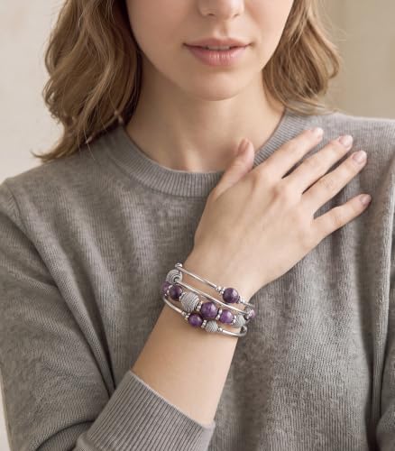 PEARL&CLUB Beaded Chakra Bangle Turquoise Bracelet - Fashion Jewelry Wrap Bracelet with Thick Silver Metal and Mala Beads, Birthday Gifts For Women