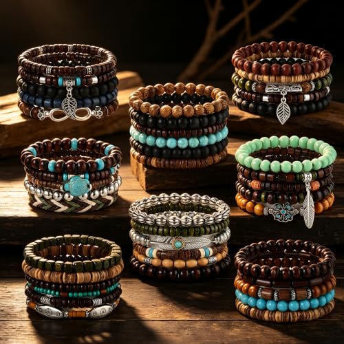 SONNYX 43Pcs Punk Wooden Beads Bracelets Gothic Bracelet for Men