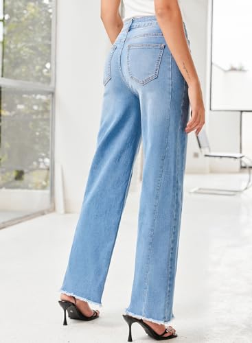 Sidefeel Women's Wide Leg Jeans High Waisted Stretchy Raw Hem