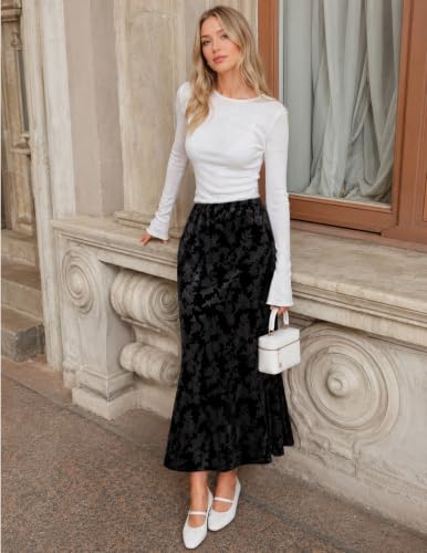 MEROKEETY Women's Fall Floral Velvet Maxi Skirt