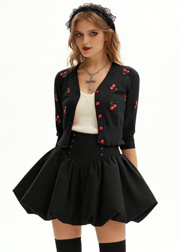 Belle Poque Women's 3/4 Sleeve V-Neck Button Down Cherries Embroidery Cropped Cardigan Sweater Coat