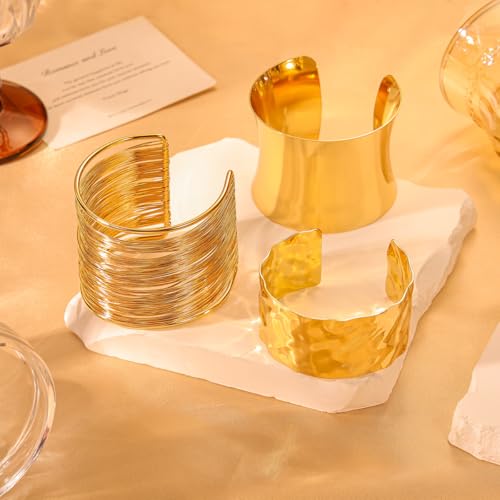3PCS Gold Chunky Cuff Bracelets for Women Irregular Minimalist Statement Bangle Bracelets Set Open Wide Bangle Arm Cuff Upper Arm Punk Jewelry