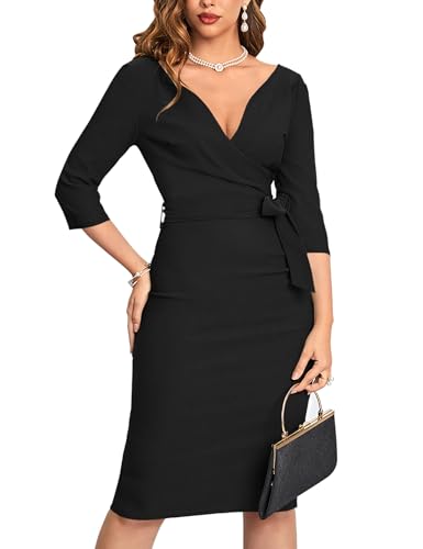 MUXXN Women's Vintage Faux Wrap V Neck 3/4 Sleeve Formal Classic Party Work Dress with Belt