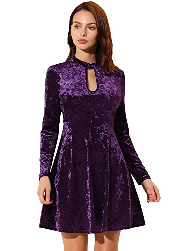 Allegra K Women Velvet High Waist Keyhole Neck Swing Mini Dress
