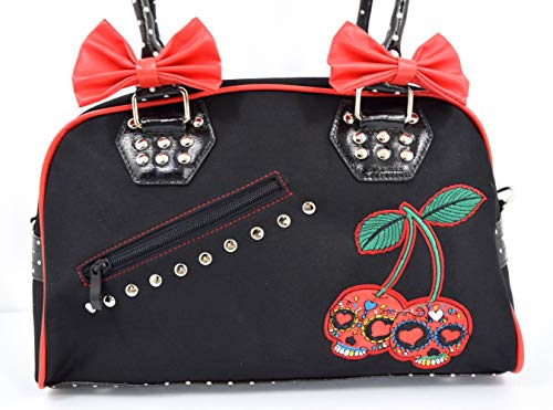 Cherry Bomb Skull Cherries Polka Dot Bow Handbag Rockabilly Black Red