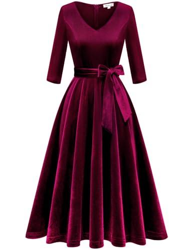 Bbonlinedress Women Velvet Christmas Long Sleeve Cocktail Dress Burgundy M