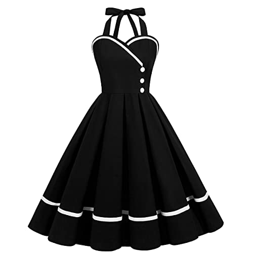 IKADEX Vintage Women 1950s Rockabilly Swing Dress Pinup 50s Retro Hepburn Style Halterneck A-Line Dresses