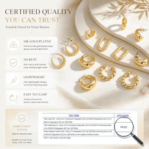 6 Pairs 14K Gold Plated Hoop Earrings for Women Lightweight Chunky Hoop Earrings Multipack Hypoallergenic, Thick Open Twisted Huggie Hoops Earring