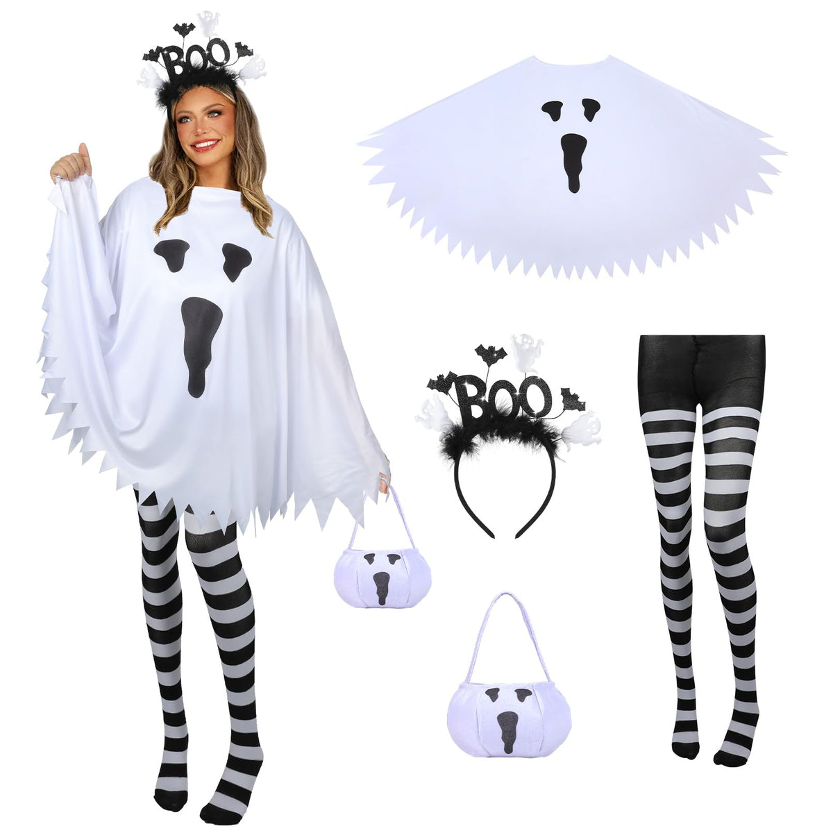 4 PCS Halloween Costume Set for Women 2026 Adult Ghost Costume, Ghost Poncho, Candy bag Headband and Nylon Striped Tights for Halloween Cosplay Party