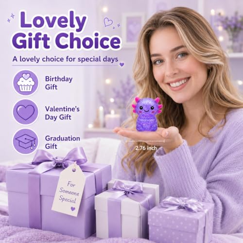 Axolotl Squishy Stress Relief Toy for Kids & Adults, Cute Glitter Sensory Fidget Toy, Soft Squeeze Toy for Anxiety Relief, Birthday Party Favor Gift (Purple)