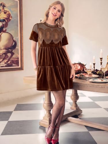 Wenrine Womens Velvet Dress Fall Lace Short Sleeve Babydoll Mini Dresses
