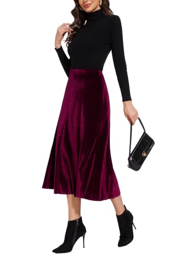 Women’s Elegant Vintage Velvet Midi Skirt Flowy 8-Panel Design