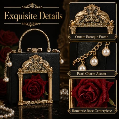 Floral Rose-Embossed Baroque Evening Clutch — Black & Gold with Pearl Chain