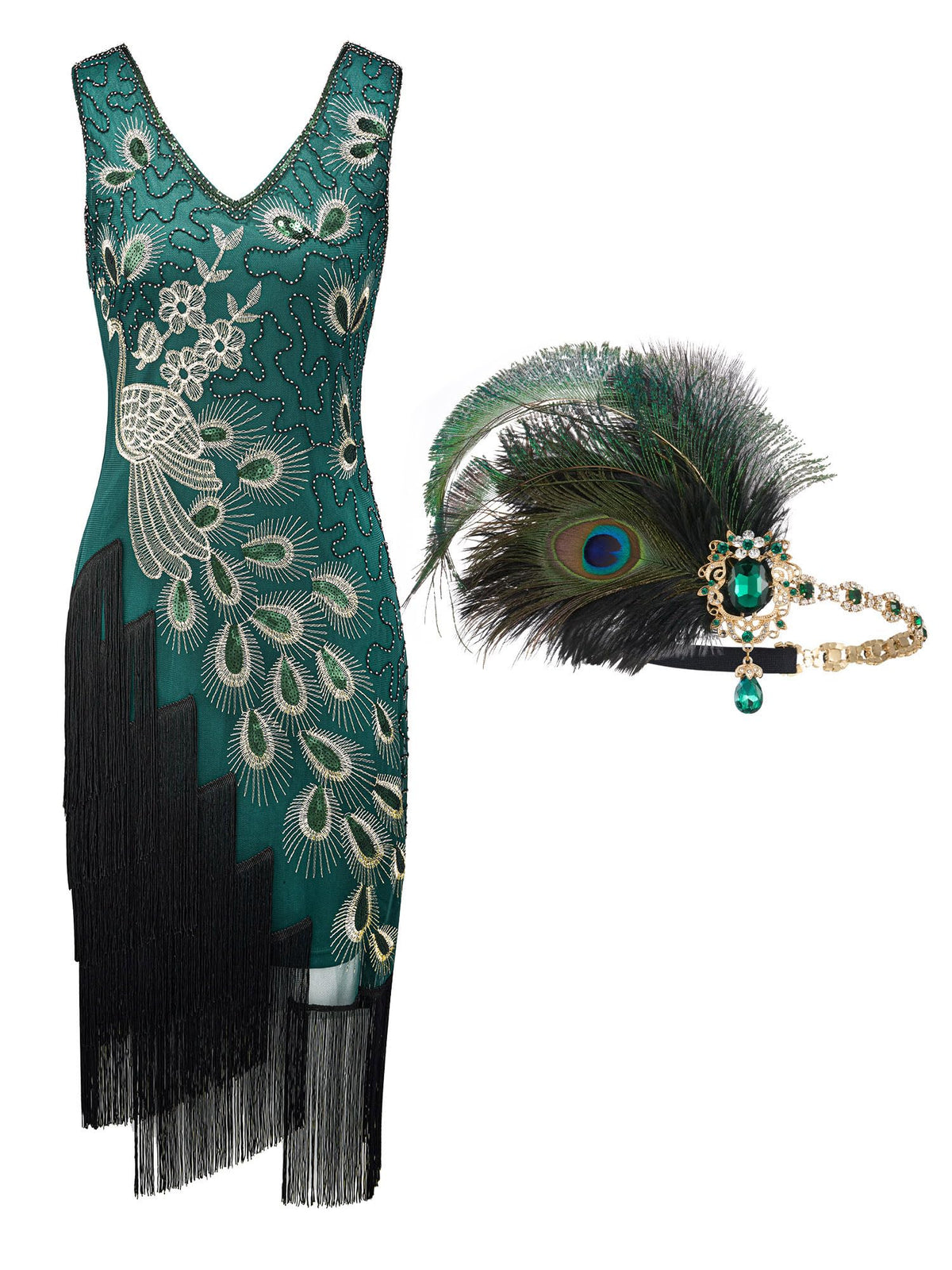 YESSA 1920s Peacock Dresses for Women,Flapper Gatsby Dress with Headband