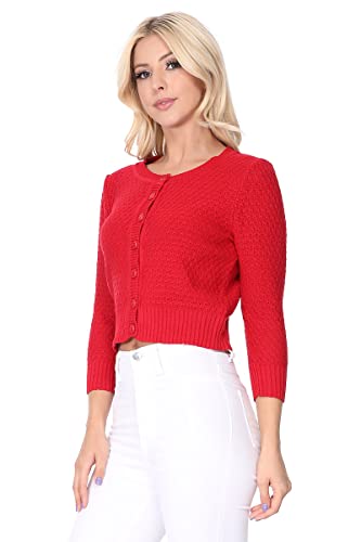 YEMAK Women's Cropped 3/4 Sleeve Crewneck Button-Down Cardigan Sweater