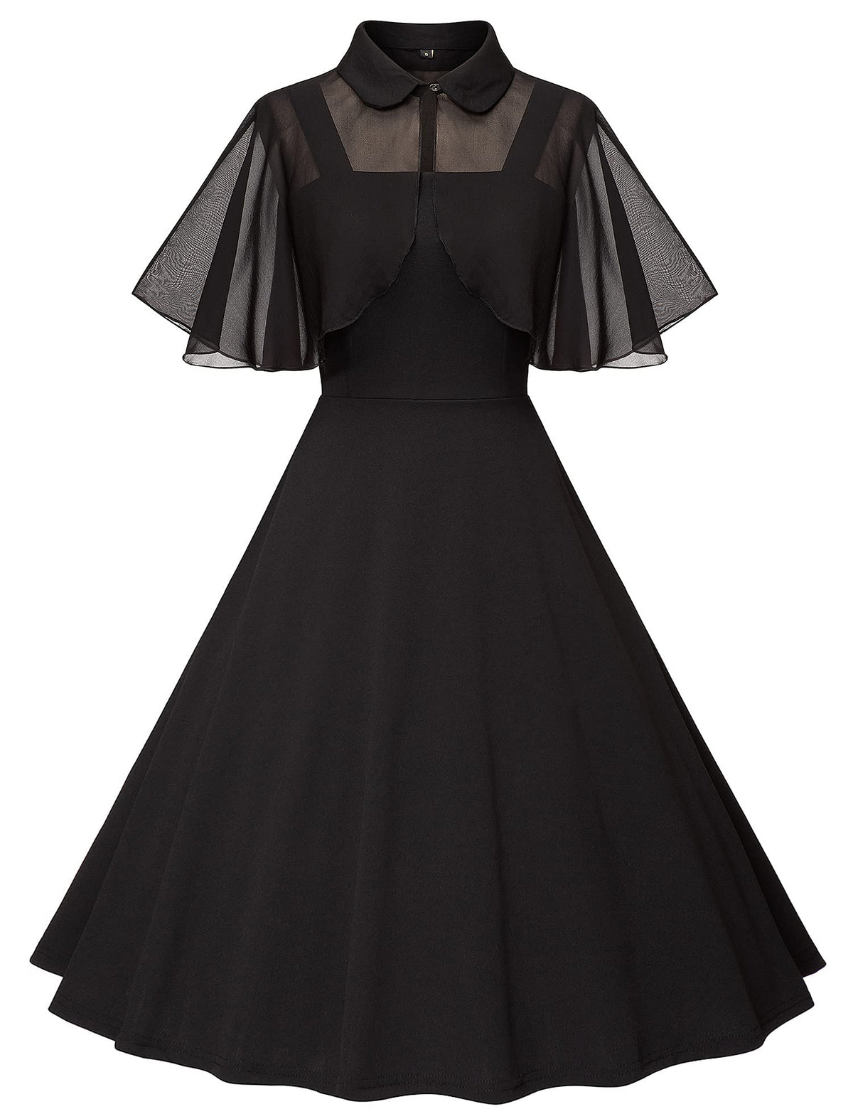 1950s Dresses for Women Vintage Goth Swing Cocktail Dress with Pockets and Chiffon Shawl